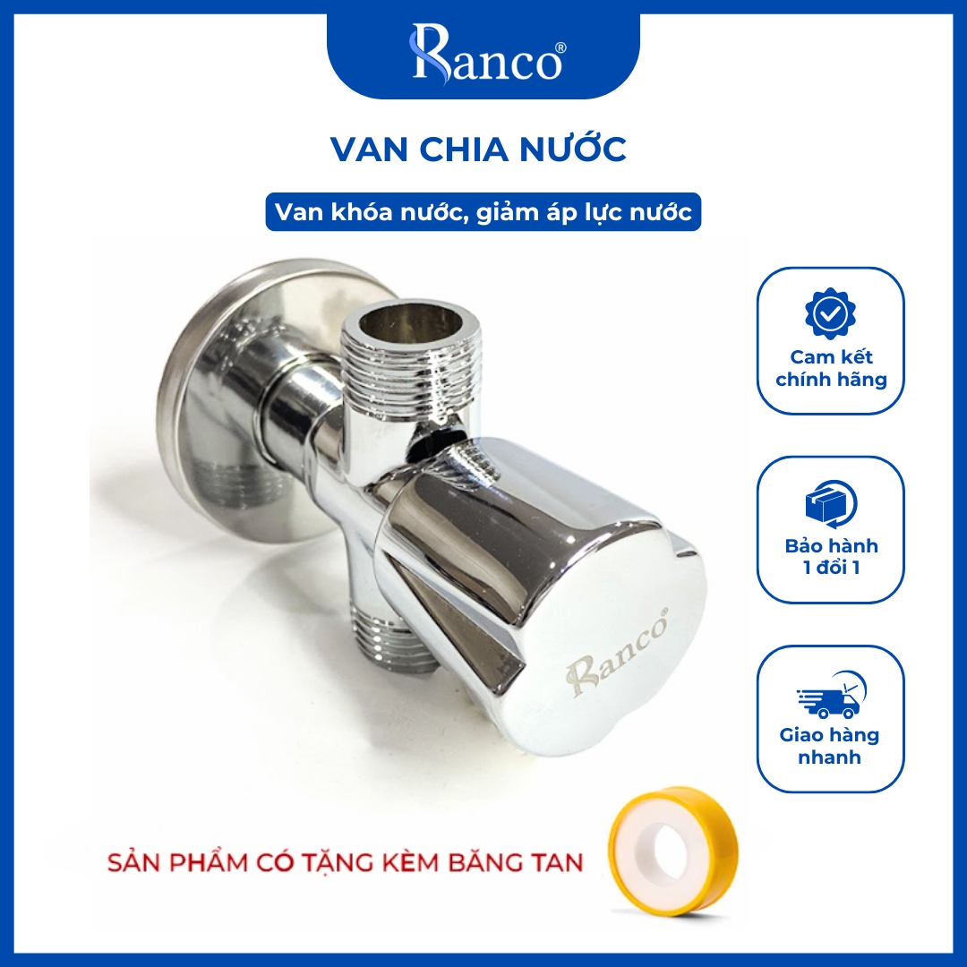 Van chữ T chia 2 dòng nước chất liệu mạ chrome lõi đồng, chia nước ren 21 RANCO giảm áp 3 đầu KT - 922
