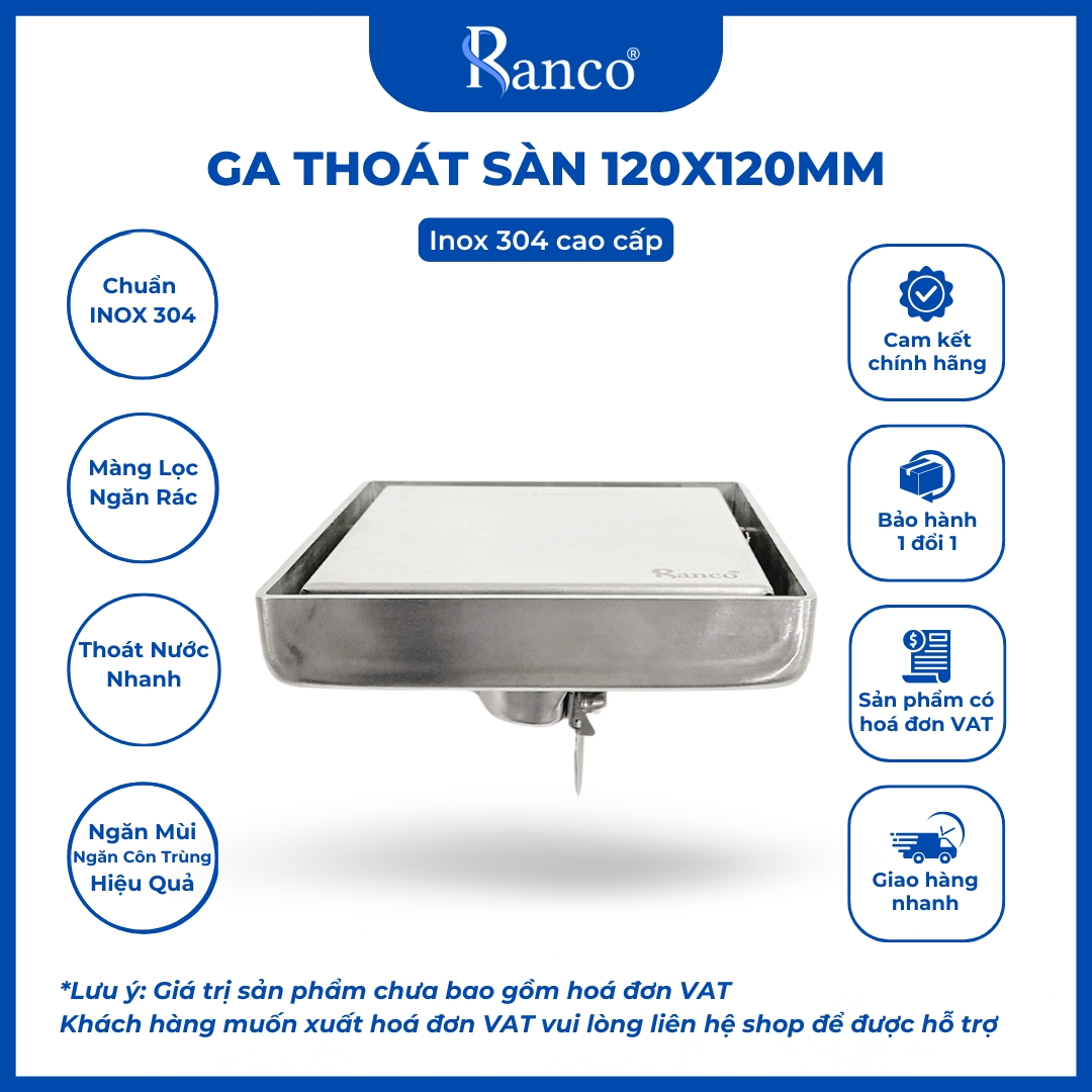Phễu thoát sàn chống mùi hôi, ga thoát sàn RANCO 12cm inox 304 ngăn rác, thoát nước nhanh RO-453G