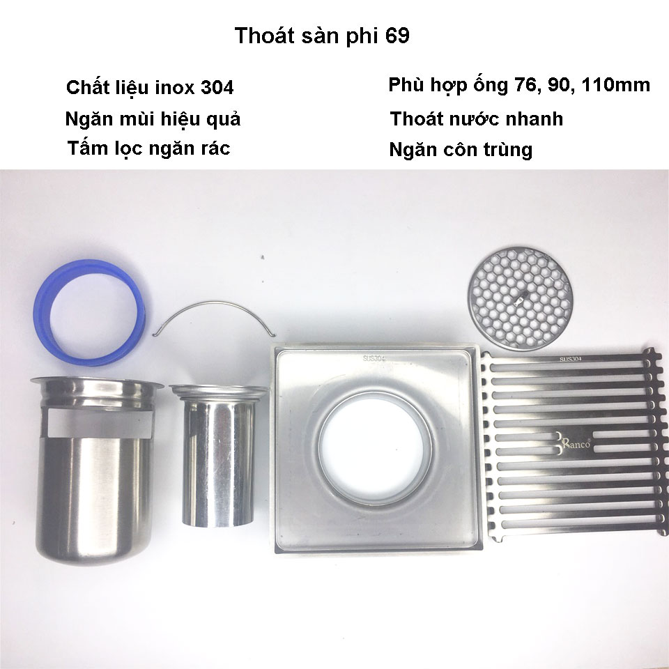 Phễu thoát sàn chống mùi hôi RANCO inox 304 ngăn rác thoát nước nhanh phi 69 ốg 76, 90,110mm RO-294E