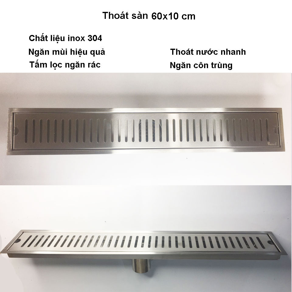 Phễu thoát sàn chữ nhật RANCO chất liệu inox 304 dài 60 cm, rộng 10 cm, phi 45 RO - 284A