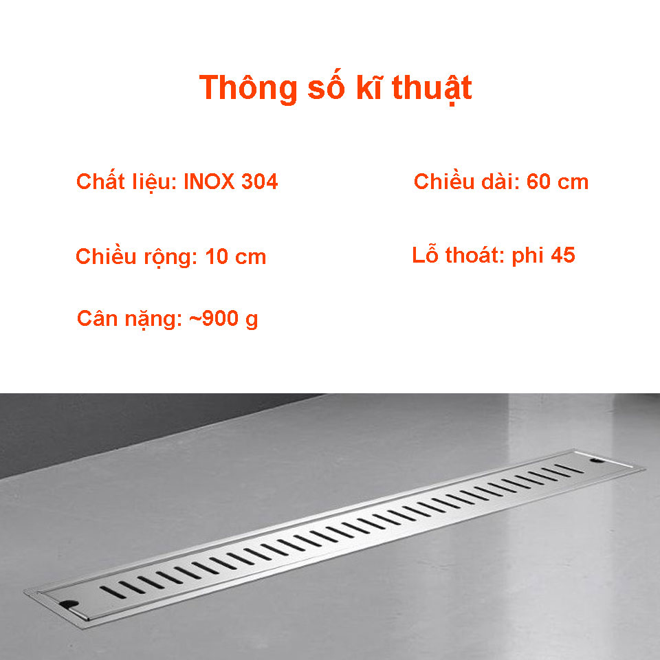 Phễu thoát sàn chữ nhật RANCO chất liệu inox 304 dài 60 cm, rộng 10 cm, phi 45 RO - 284A