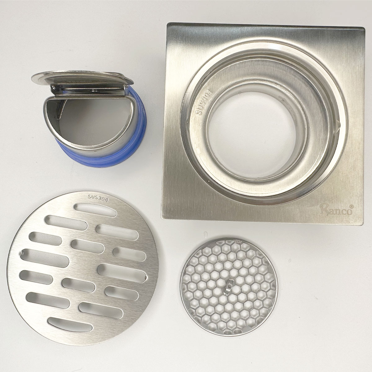 Phễu thoát sàn chống mùi hôi RANCO inox 304 ngăn rác, thoát nước phi 69 cho ống 76,90, 110mm RO-255A