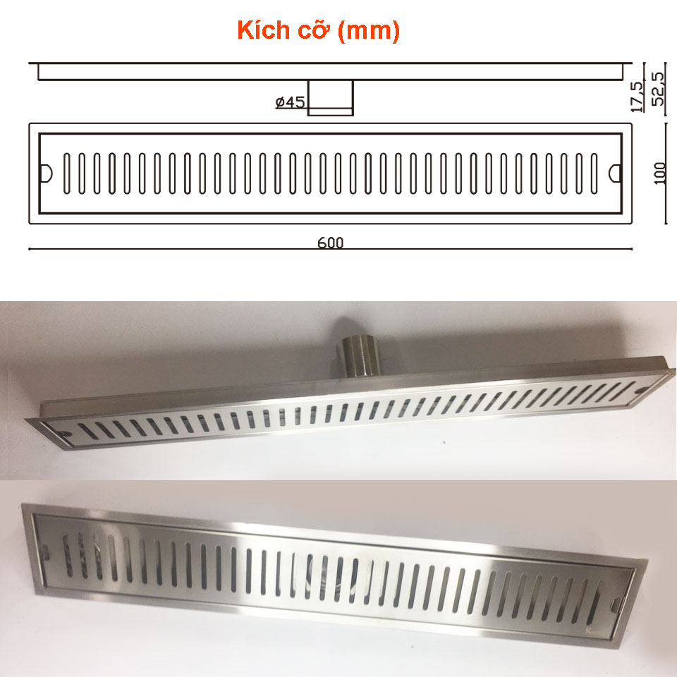 Phễu thoát sàn chữ nhật RANCO chất liệu inox 304 dài 60 cm, rộng 10 cm, phi 45 RO - 284A
