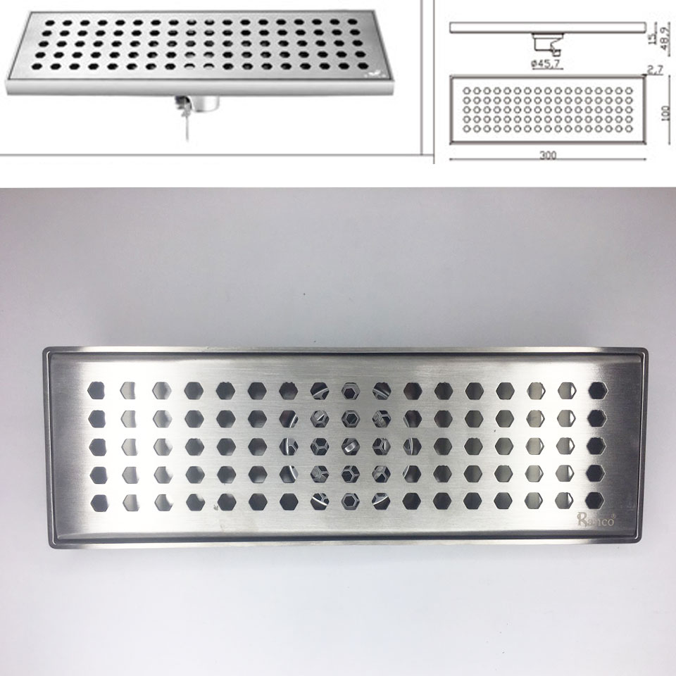 Phễu thoát sàn chữ nhật RANCO chất liệu inox 304 dài 30 cm, rộng 10 cm, phi 45 RO - 281A2
