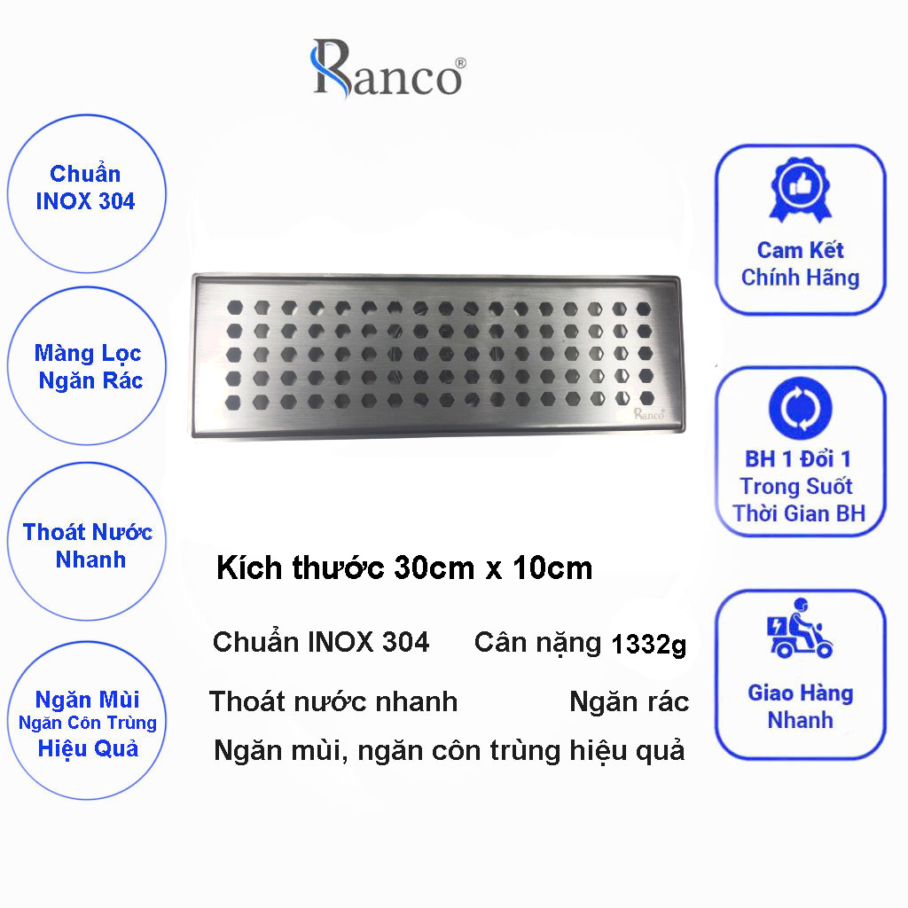 Phễu thoát sàn chữ nhật RANCO chất liệu inox 304 dài 30 cm, rộng 10 cm, phi 45 RO - 281A2