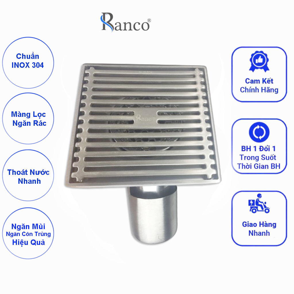 Phễu thoát sàn chống mùi hôi RANCO inox 304 ngăn rác thoát nước nhanh phi 69 ốg 76, 90,110mm RO-294E
