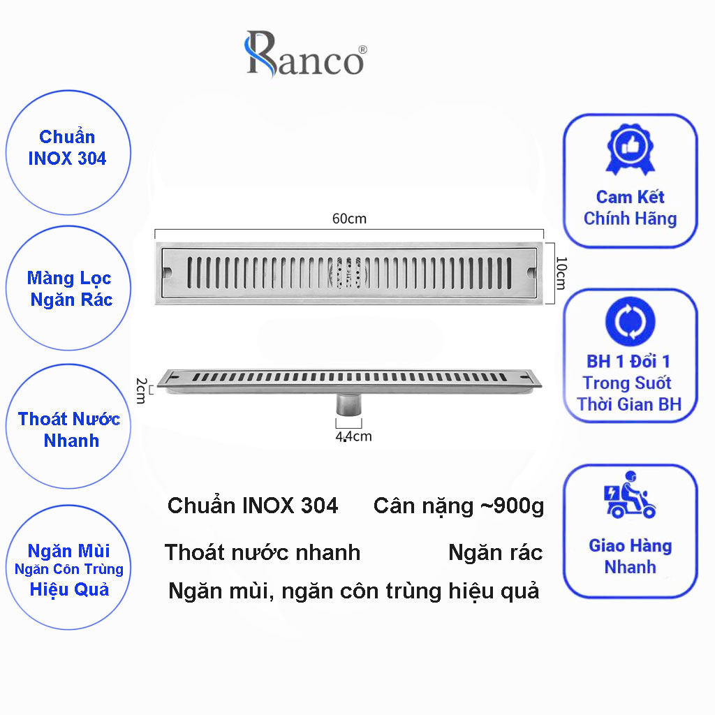 Phễu thoát sàn chữ nhật RANCO chất liệu inox 304 dài 60 cm, rộng 10 cm, phi 45 RO - 284A