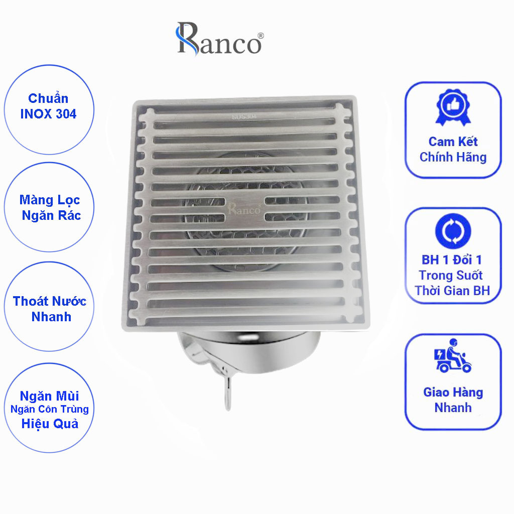 Phễu thoát sàn chống mùi hôi RANCO inox 304 ngăn rác thoát nước nhanh phi 69 ốg 76, 90,110mm RO-294A