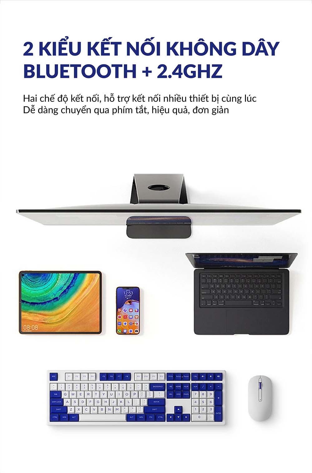 Combo phím chuột không dây AKKO MX108 Black & Cyan / Blue on White (Bluetooth, USB 2.4Ghz)