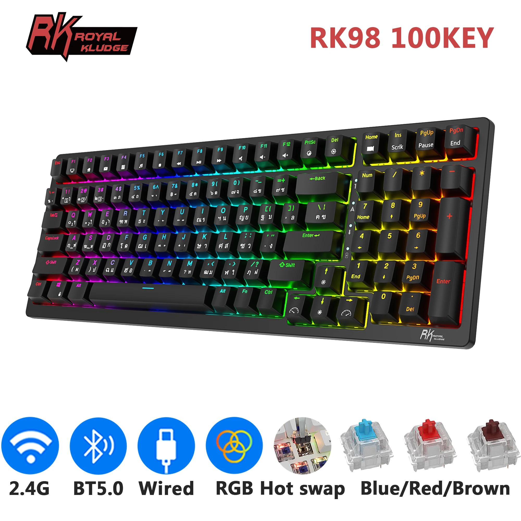 Bàn phím cơ Royal Kludge RK98 hotswap kết nối 3 chế độ (Bluetooth 5.0 | Wireless 2.4G | Dây type C)