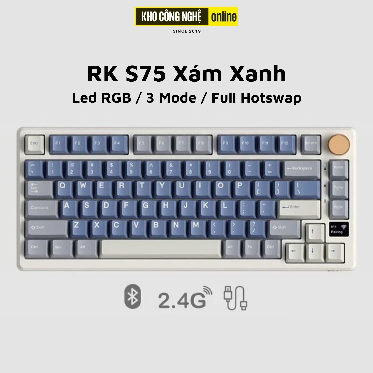 RK S75 - Bàn phím cơ Royal Kludge RK S75 có Núm, hỗ trợ Hotswap, 3 Modes, Full Foam, Gasket Mount, Màn Hình Led
