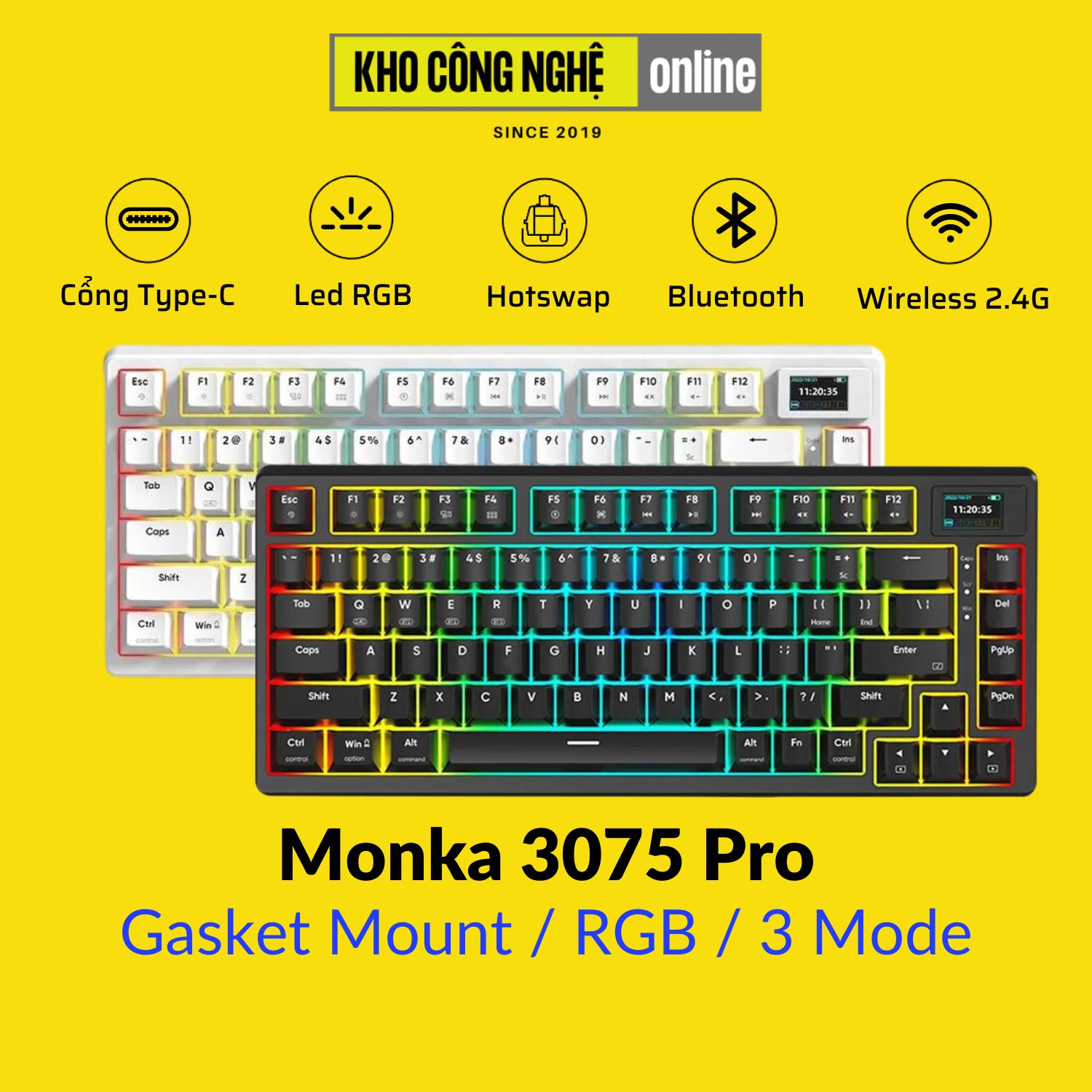 Monka 3075 V2 Pro - Bàn phím cơ Monka 3075 V2 Pro Mạch Xuôi (Led RGB, Kết Nối 3 Mode, Màn Hình LCD)