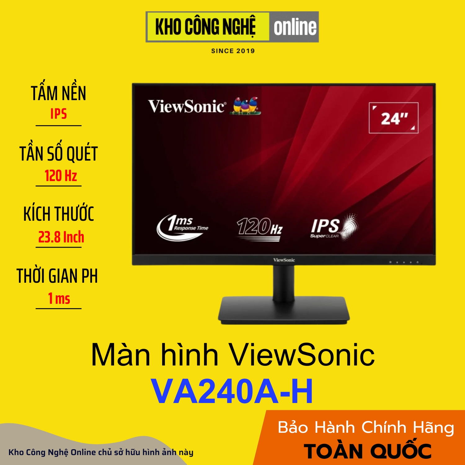 Màn Hình ViewSonic VA240A-H 24'', Full HD - Tấm nền IPS, 120Hz, 1ms (Hàng Chính Hãng)