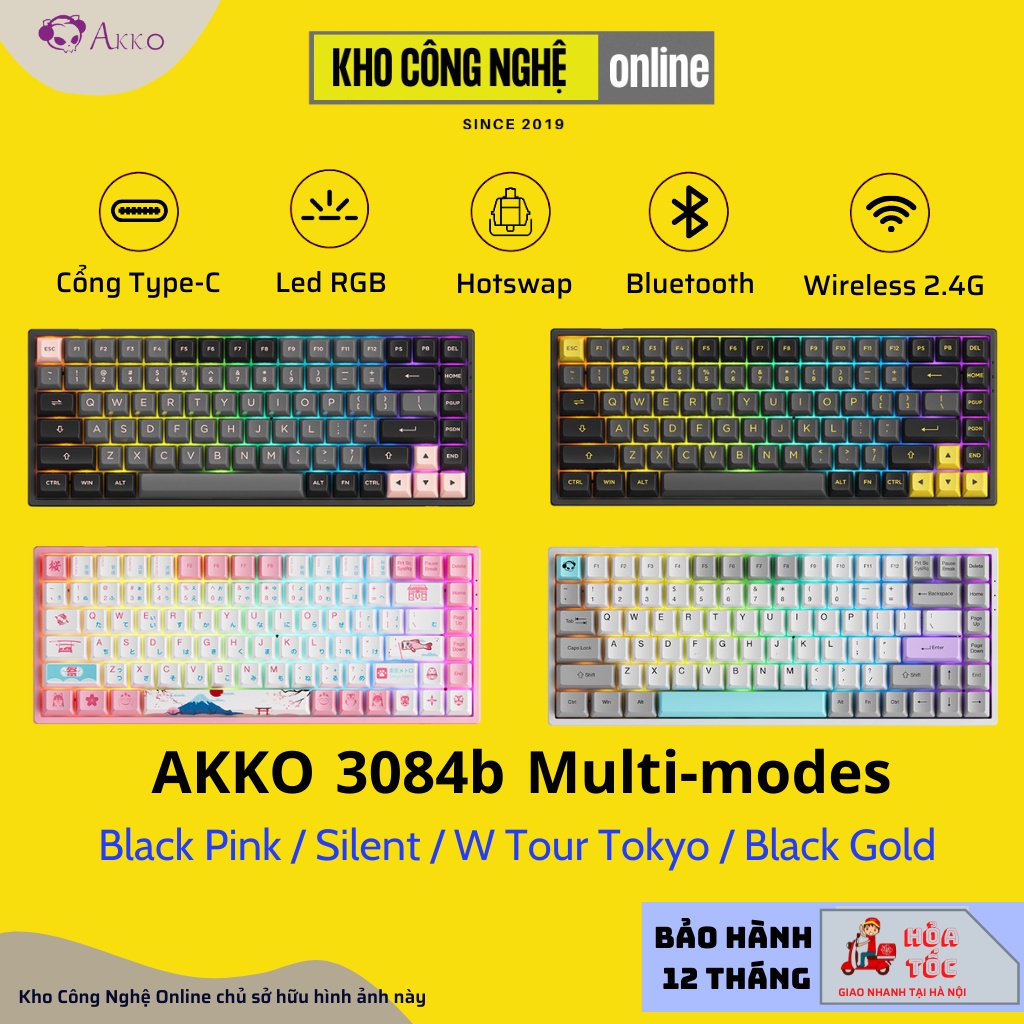 Bàn phím cơ AKKO 3084B Plus Black Pink (Bluetooth 5.0 / Wireless 2.4Ghz / Hotswap / Foam tiêu âm / AKKO CS Jelly sw)