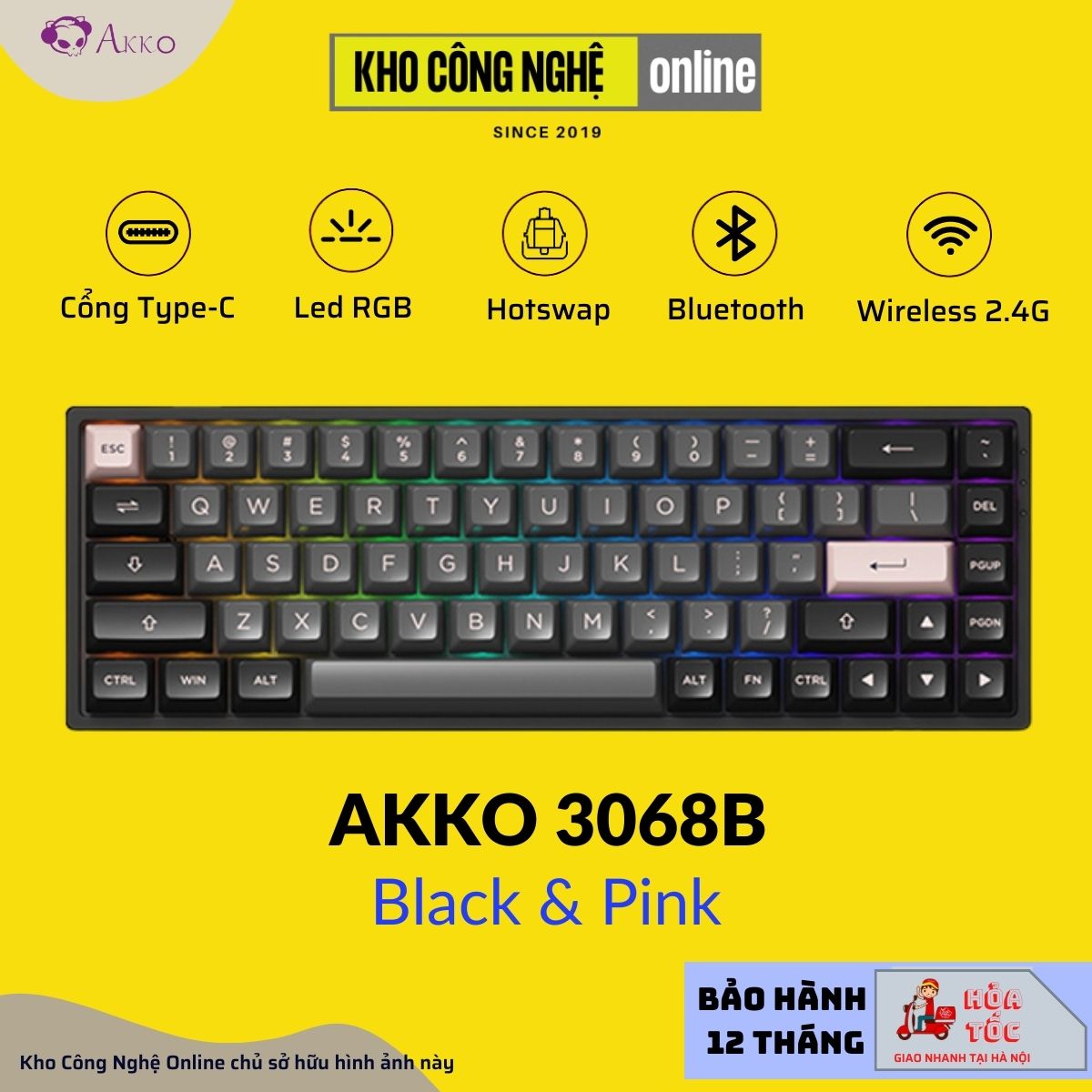 Bàn phím cơ AKKO 3068B Black & Pink (Multi-modes / Hotswap / Foam tiêu âm / TTC sw)