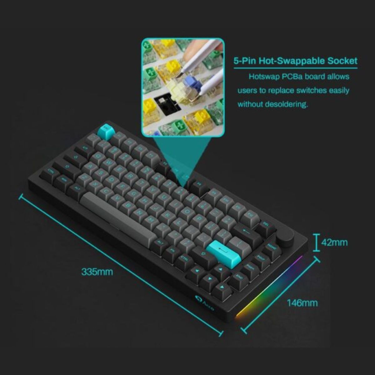 Bàn phím cơ AKKO 5075B Plus Black & Cyan (Multi-modes / RGB / Hotswap / Gasket mount)