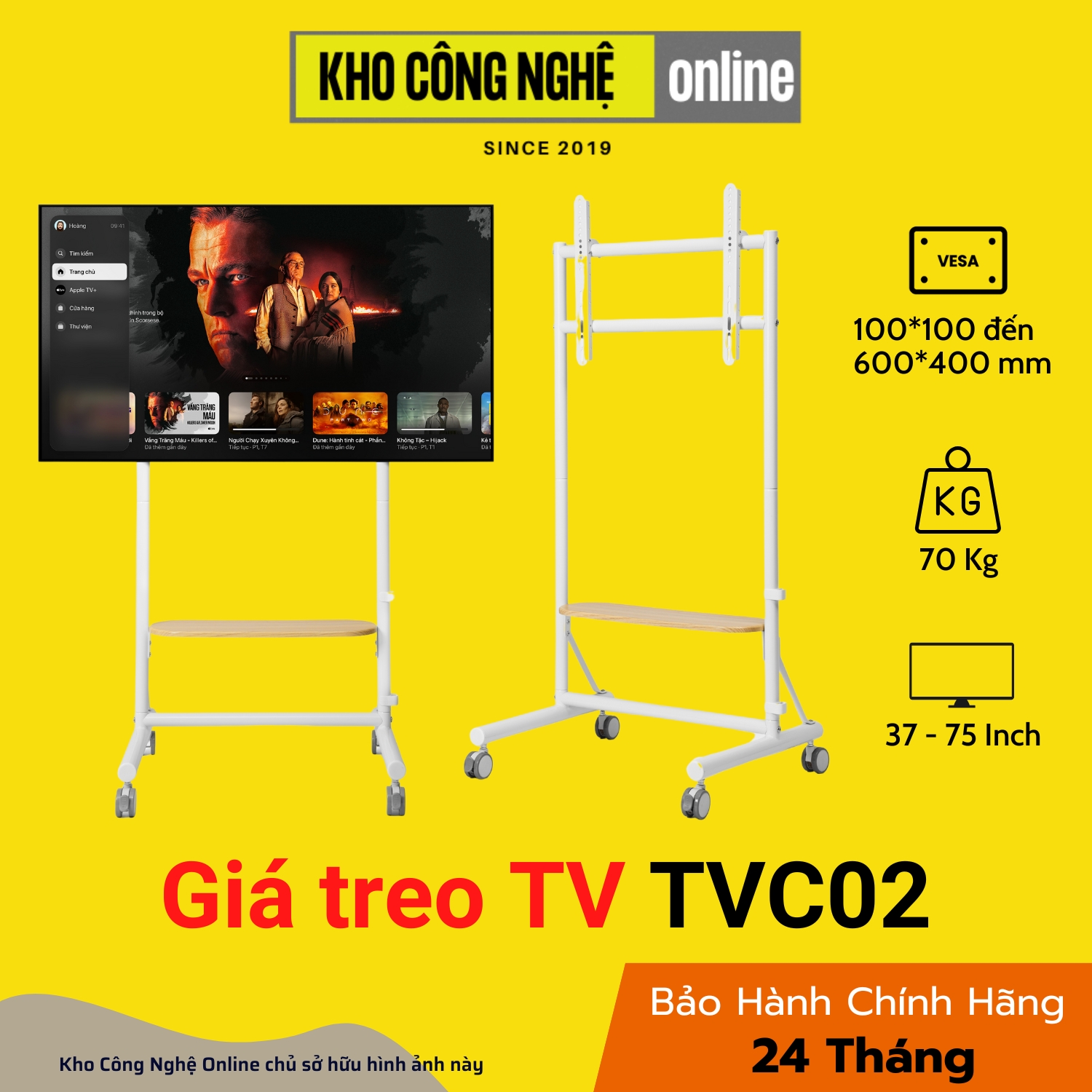 Giá treo TV di động Hyperwork Aero Stand TVC02 - Tải trọng tối đa 70kg, Bảo hành 24 tháng