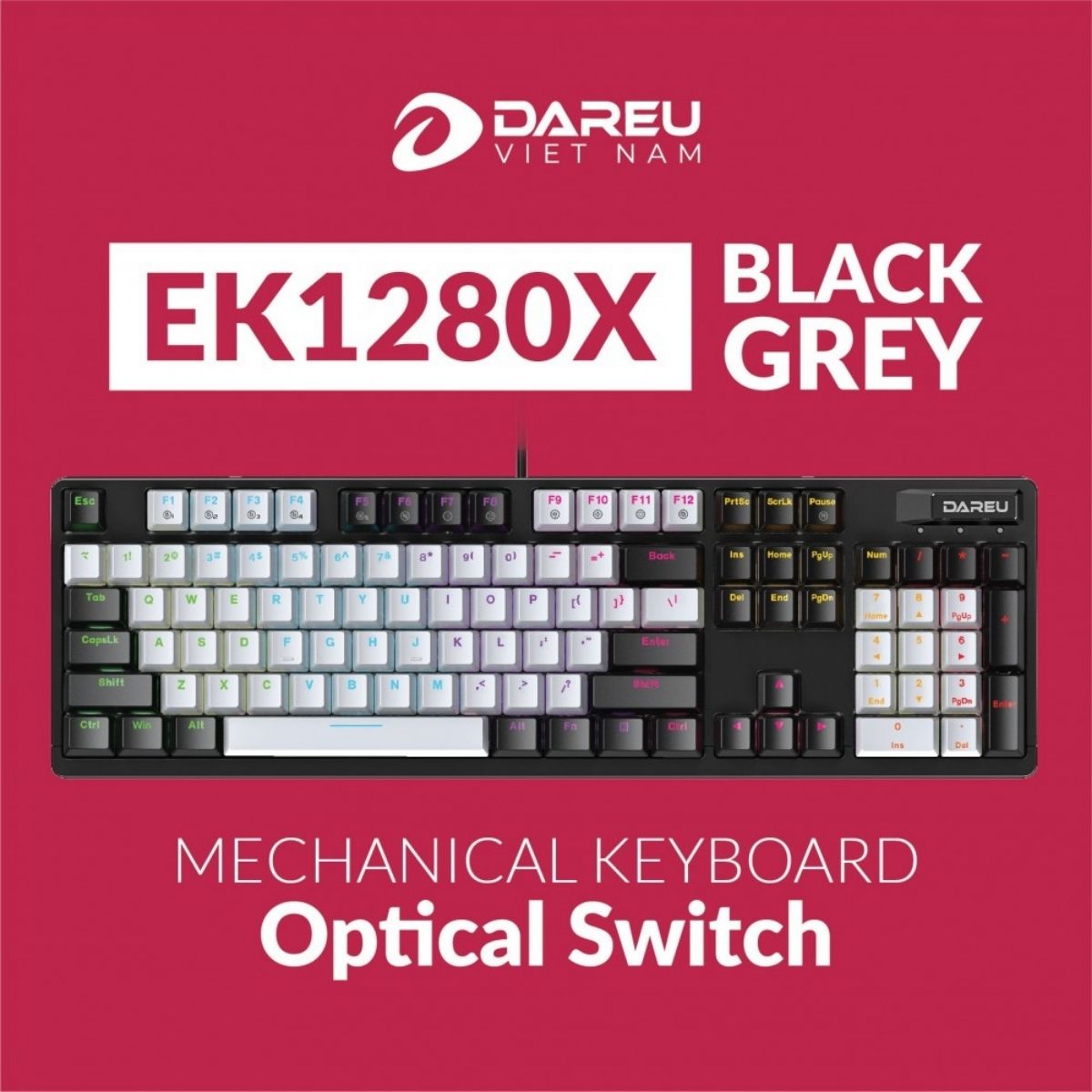 Bàn phím quang cơ Gaming DAREU EK1280X Black - Grey (Waterproof, Optical Switch, MULTI LED)