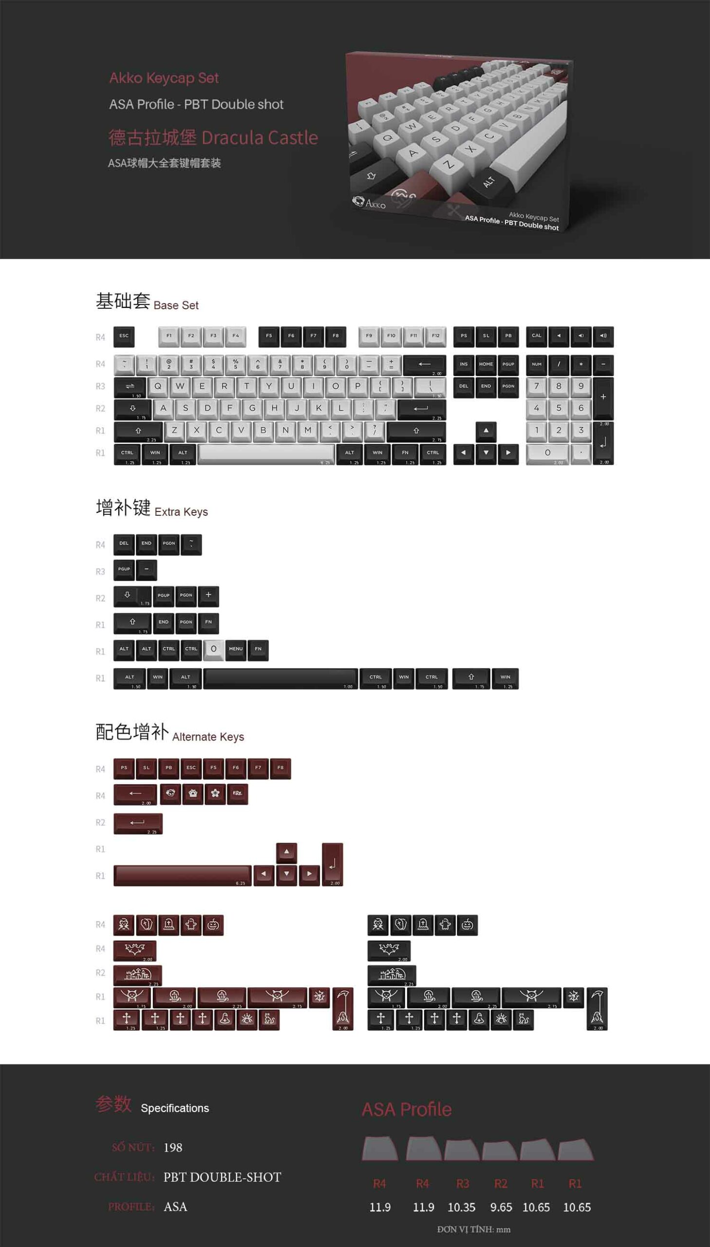 Bộ Keycap AKKO Dracula Castle (PBT Double-Shot/ASA profile/198 nút)
