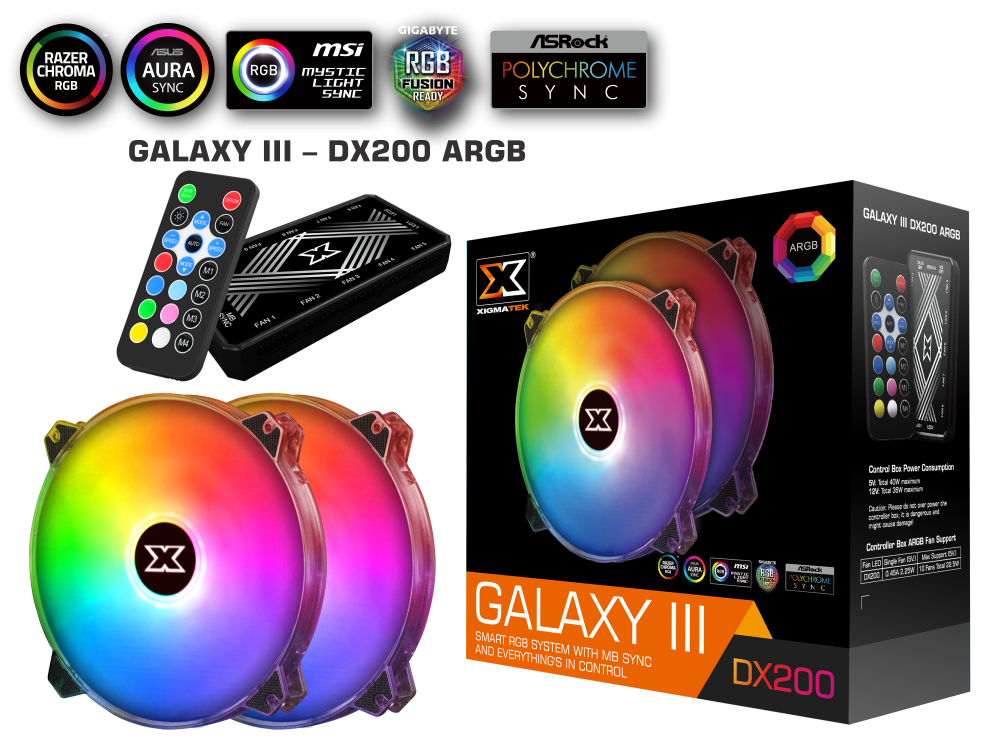 Quạt Tản Nhiệt XIGMATEK GALAXY III DX200 ARGB (EN46089): HUB FAN (PACK x2, CONTROLLER, POWER HUB)