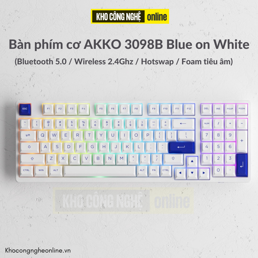 Bàn phím cơ AKKO 3098N Multi-modes Blue on White (Bluetooth 5.0 / Wireless 2.4Ghz / Hotswap / Foam tiêu âm / TTC switch)