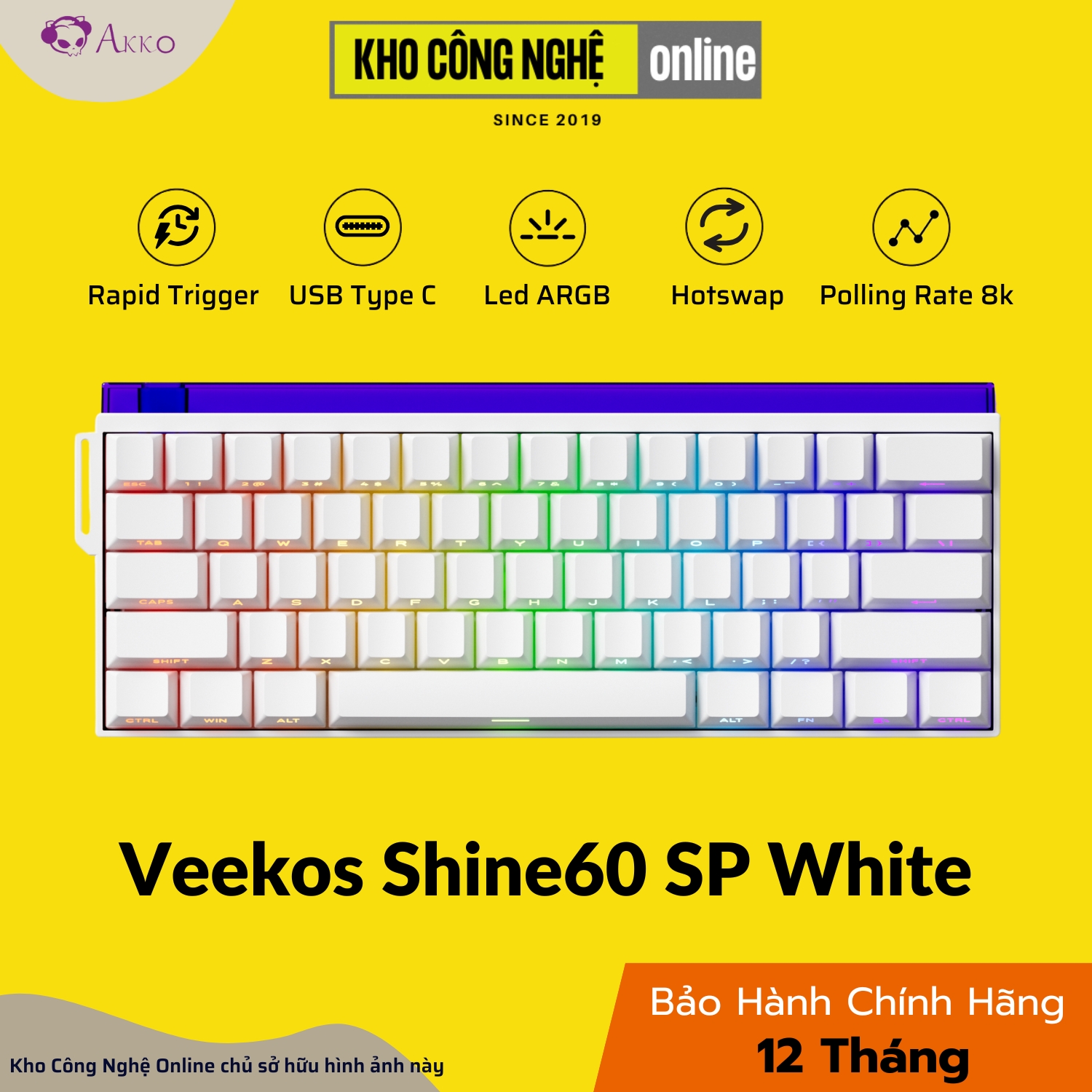 Bàn phím cơ Veekos Shine60 SP White - Mạch xuôi, Led ARGB, Rapid Trigger, Polling Rate 8K