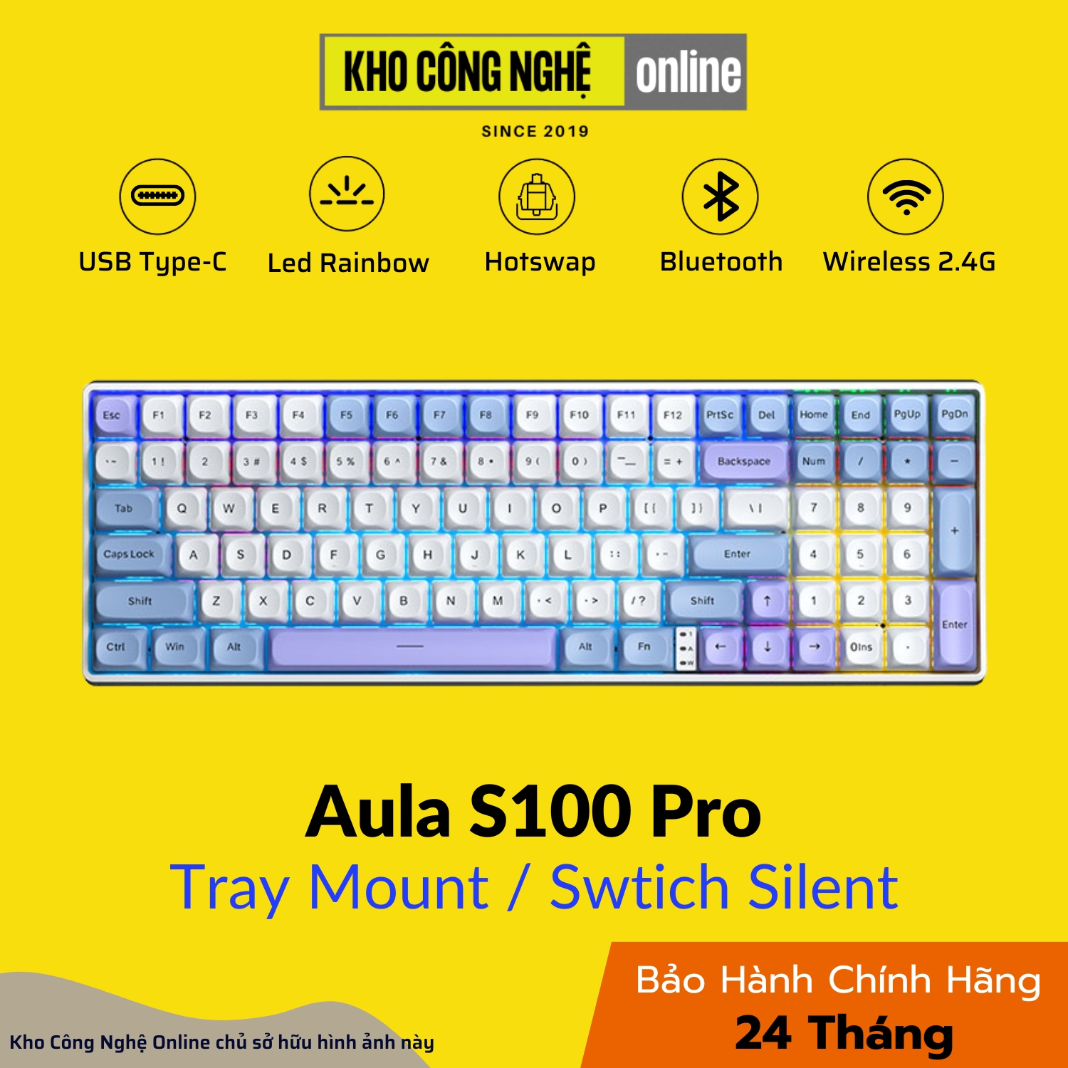 Bàn phím cơ gaming AULA S100 Pro Mạch xuôi, 3 modes, Hotswap, Gasket Mount - Hàng Chính Hãng