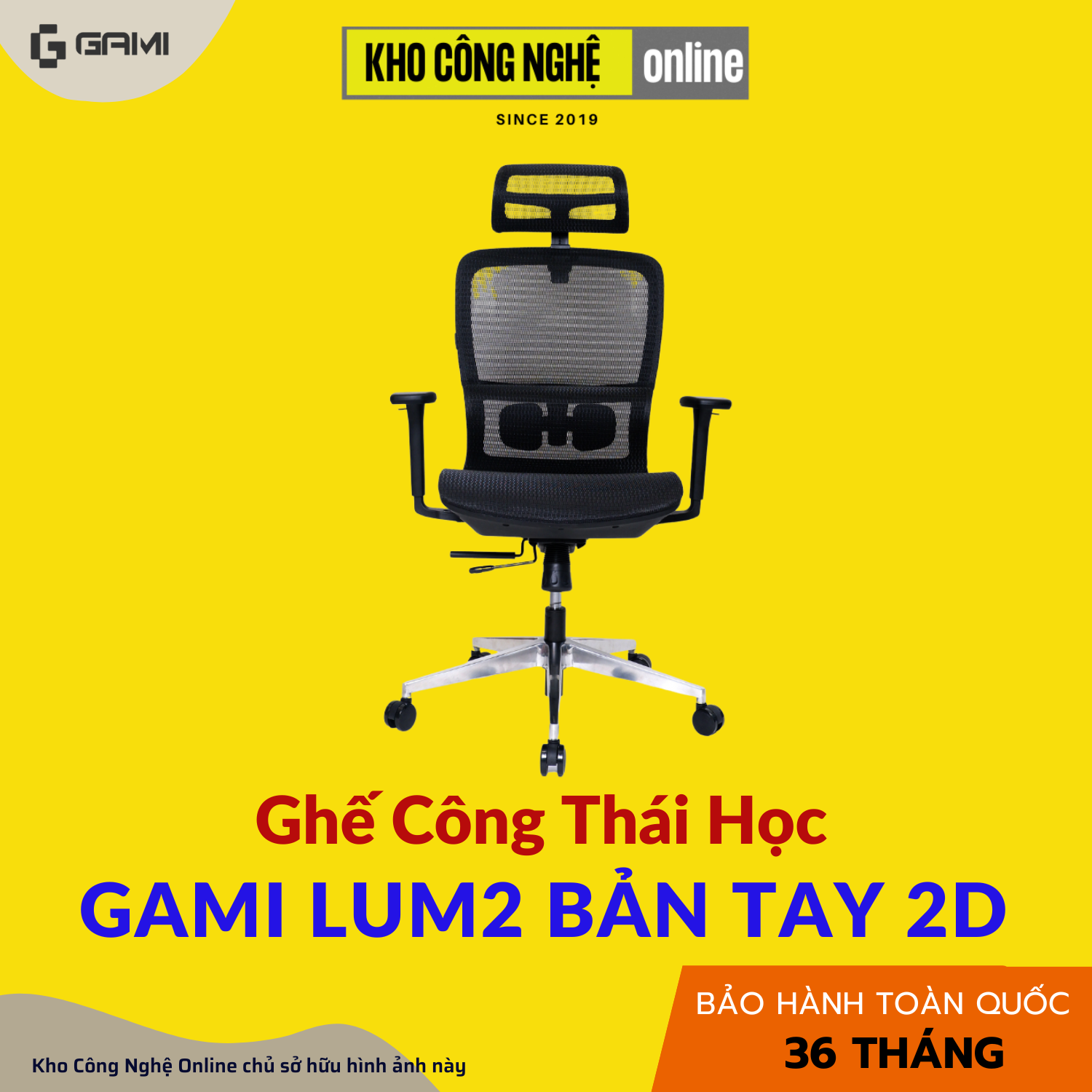 Ghế Công Thái Học Gami Lum2 - Bản Kê Tay 2D / Đen ( Không Chân Gác)