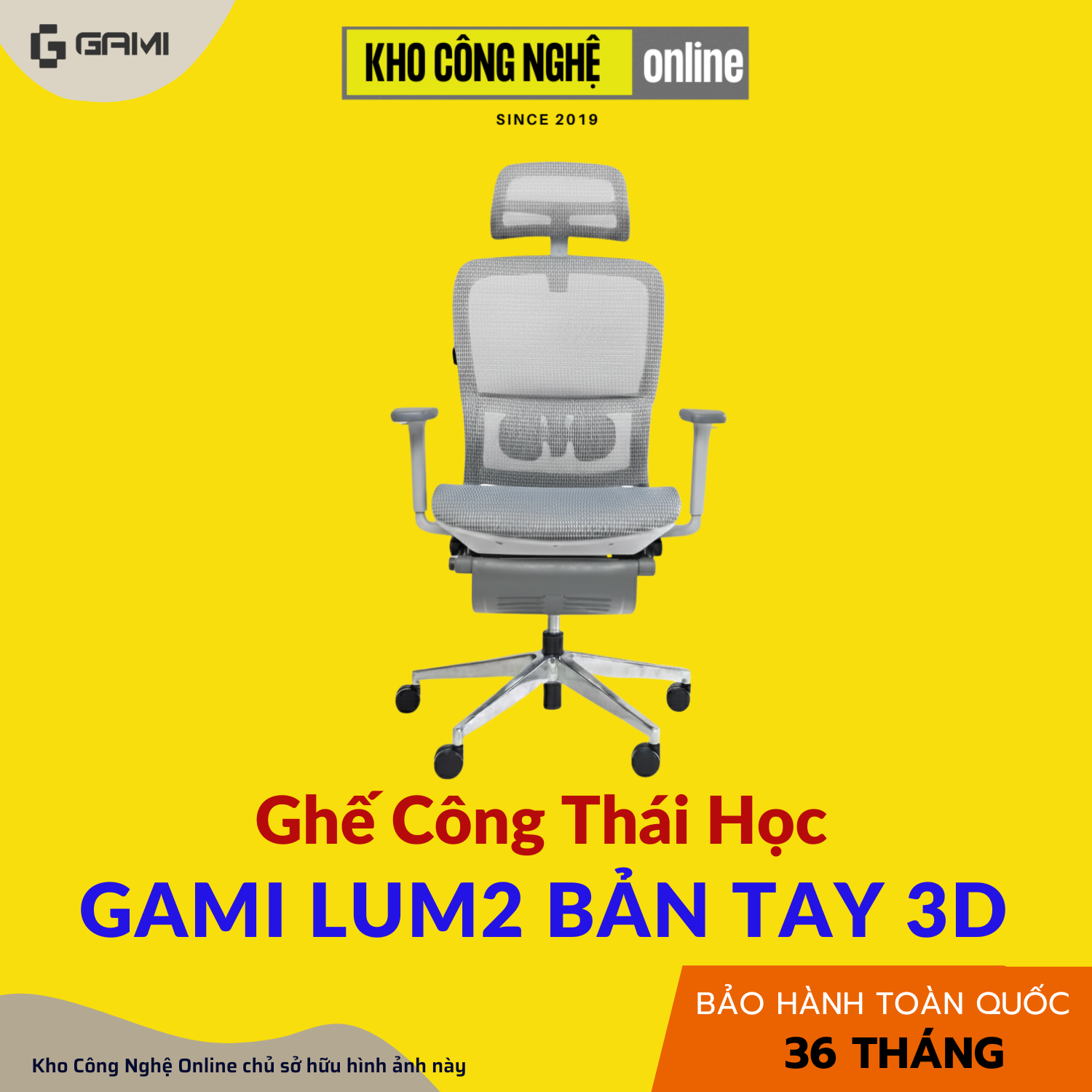 Ghế Công Thái Học Gami Lum2 - Bản Kê Tay 3D / Xám ( Có Chân Gác)