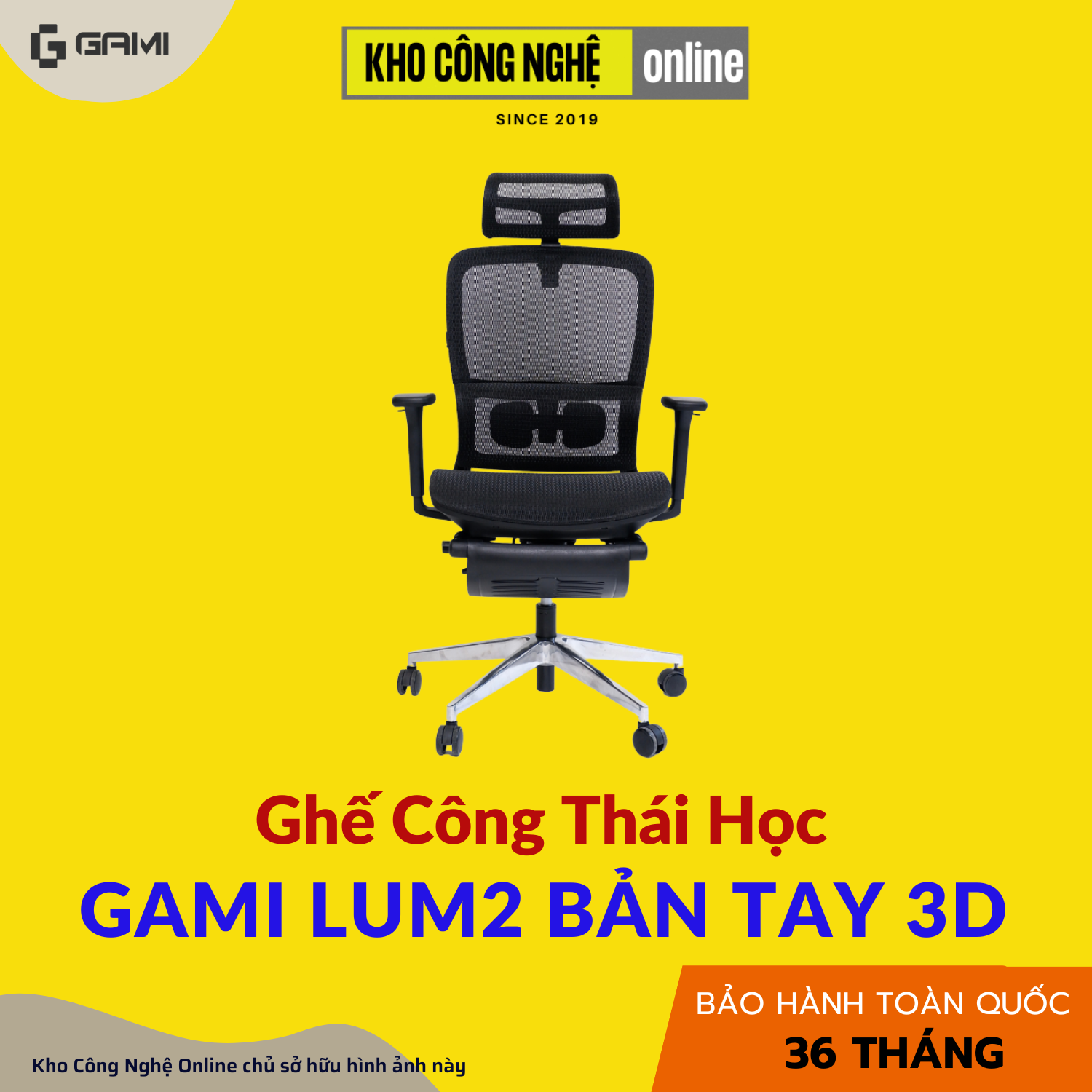 Ghế Công Thái Học Gami Lum2 - Bản Kê Tay 3D / Đen ( Có Chân Gác)