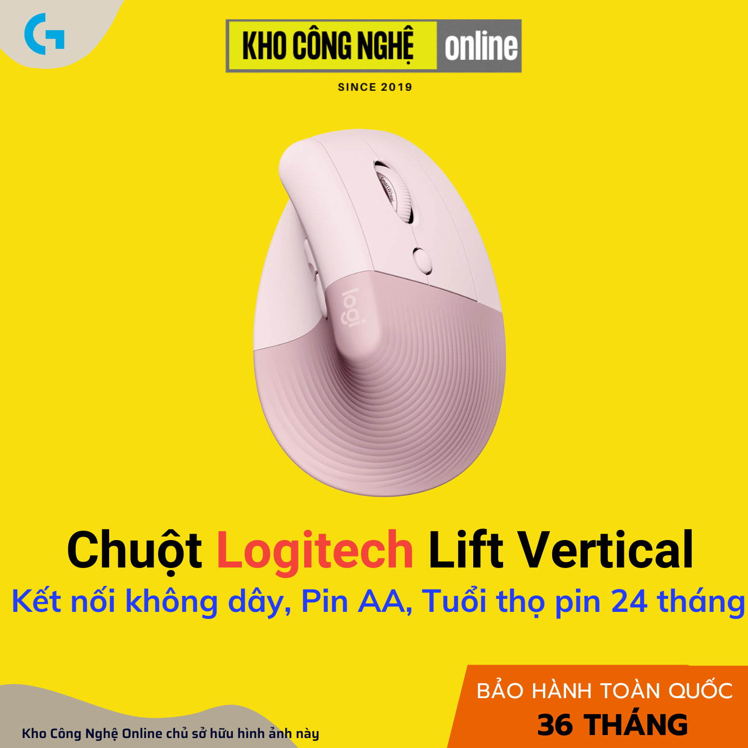 Chuột công thái học không dây Logitech Lift Vertical - Pink