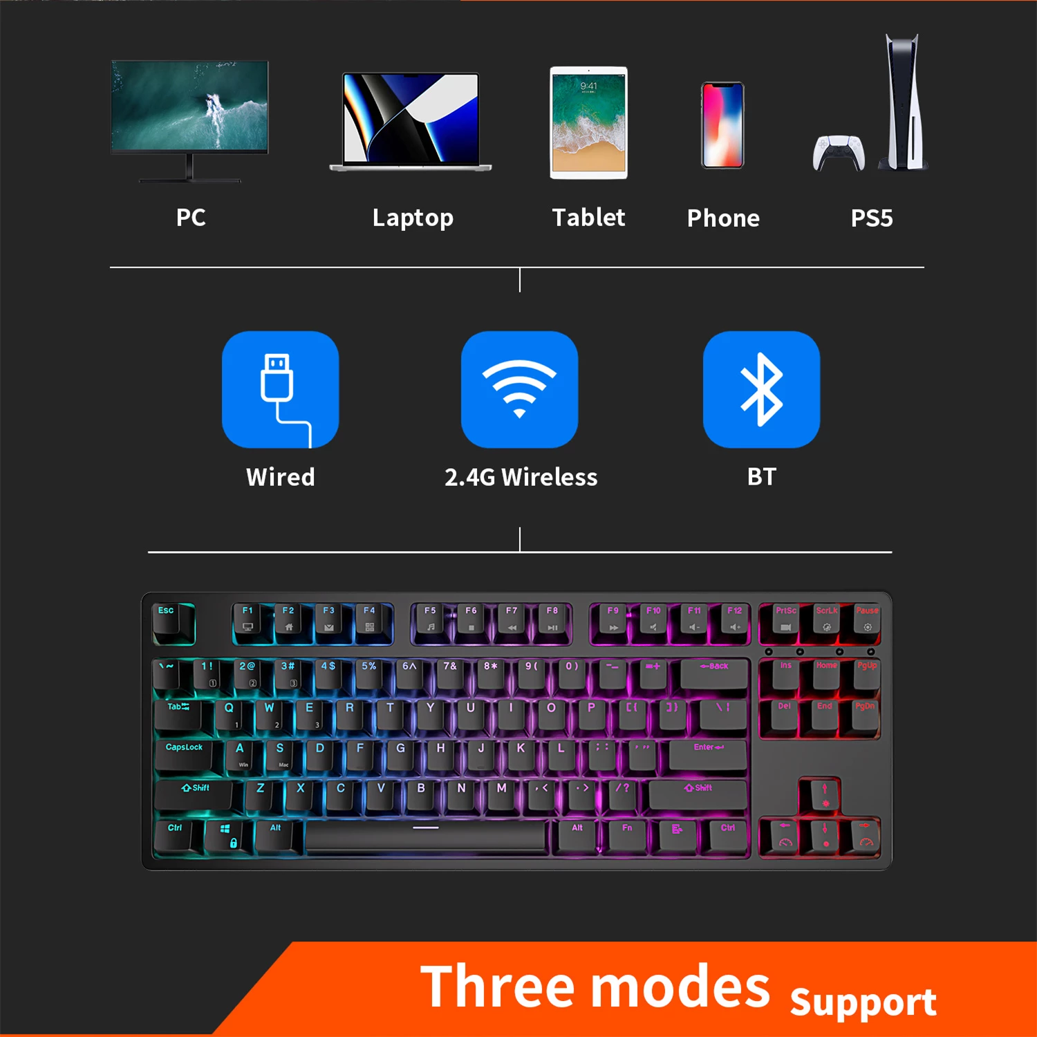 Bàn phím cơ không dây Royal Kludge RK87 Bluetooth 5.0 và Wireless 2.4G