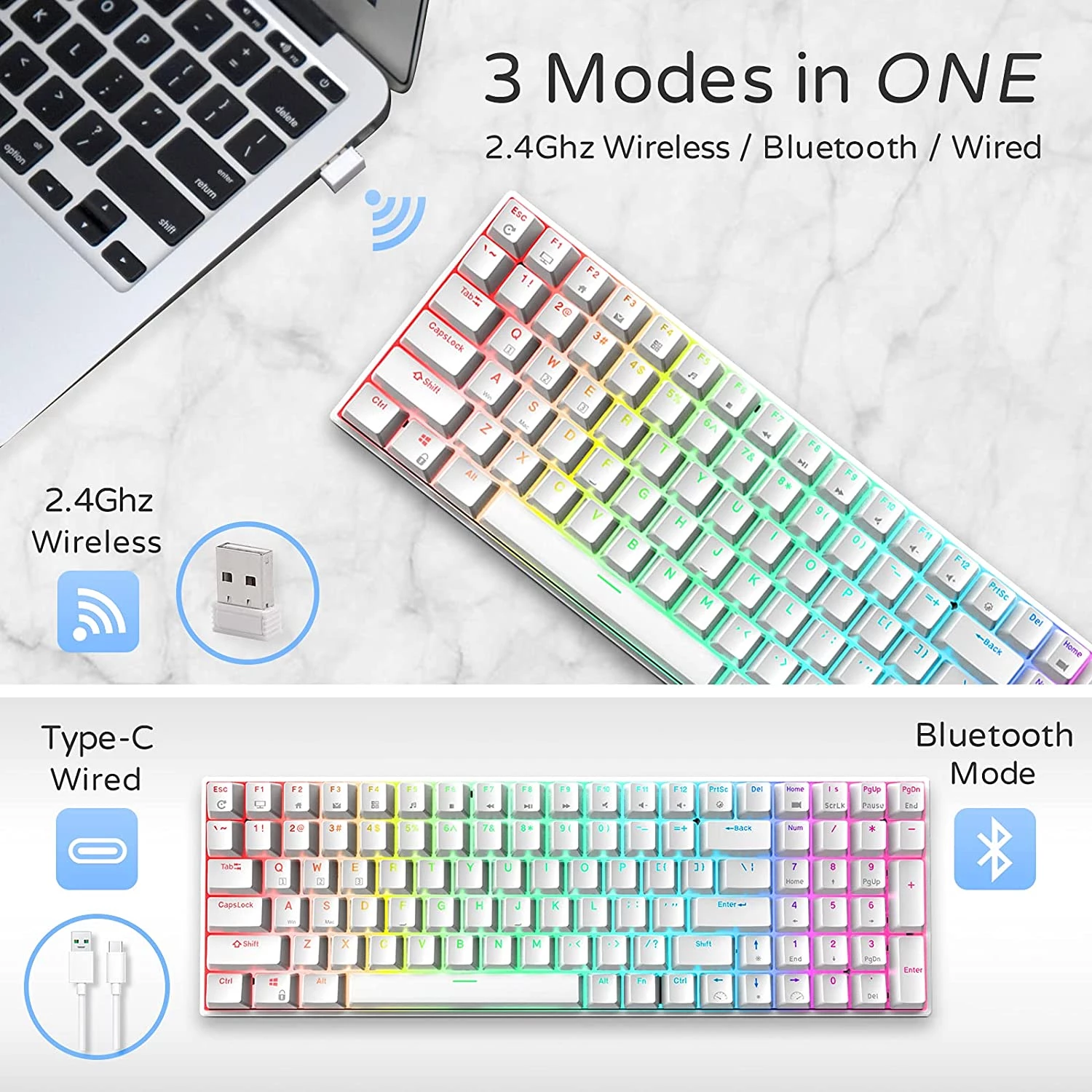 RK100 - Bàn phím cơ bluetooth không dây RK100 Led RGB có Hotswap (Bluetooth 5.0 / Wireless 2.4G / dây Type-c)