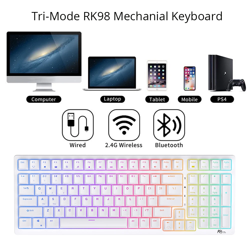 Bàn phím cơ không dây Royal Kludge RK98 Hotswap led RGB, kết nối 3 chế độ (Bluetooth 5.0 | Wireless 2.4G | Dây type C)