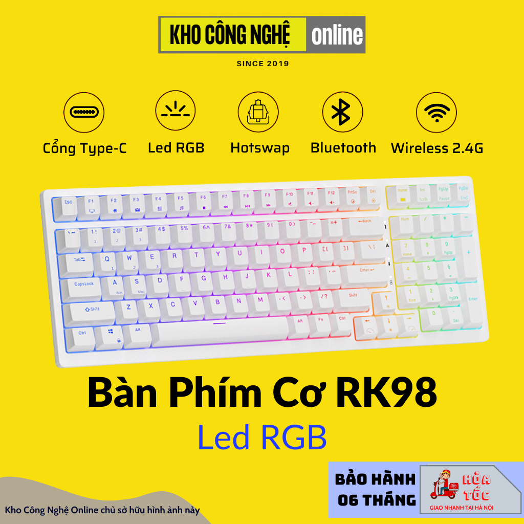 Bàn phím cơ RK98 hotswap kết nối 3 chế độ Bluetooth 5.0 | Wireless 2.4G | Dây type C
