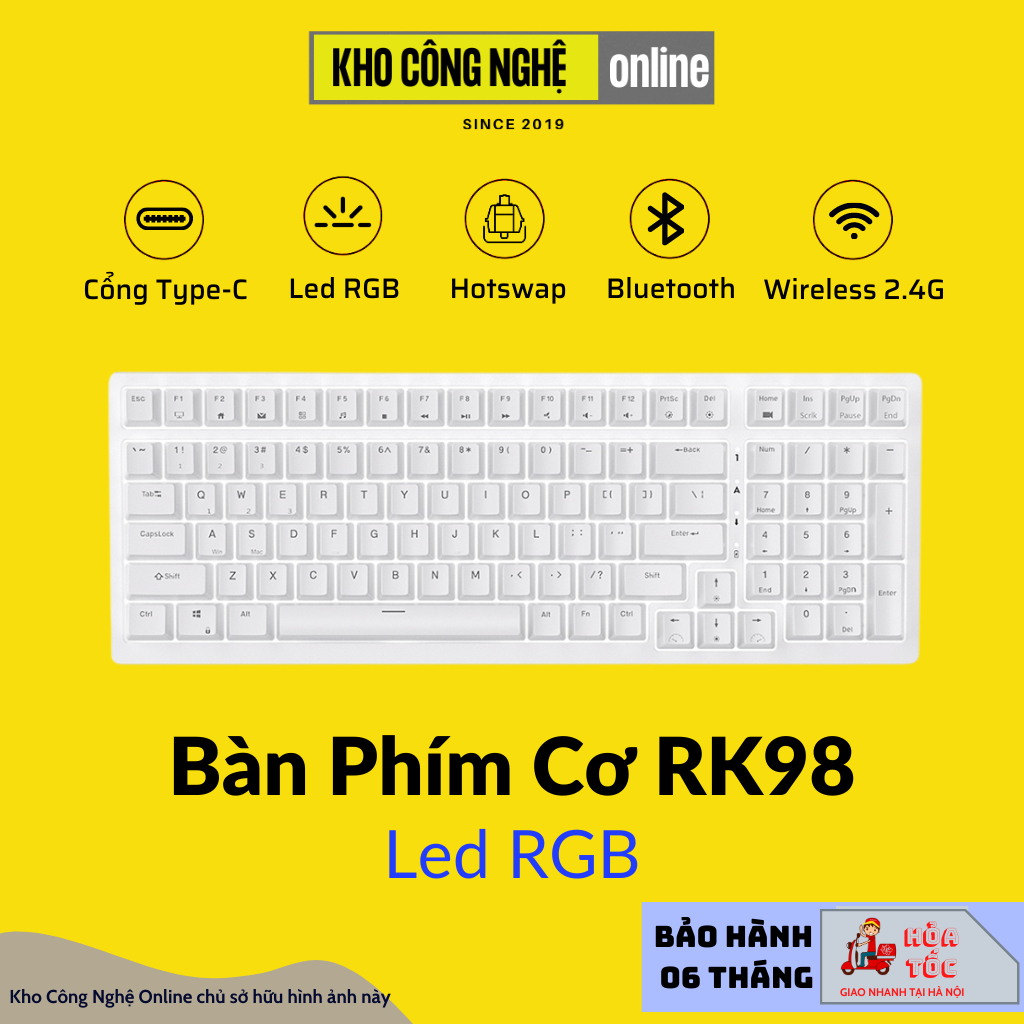 Bàn phím cơ RK98 hotswap kết nối 3 chế độ Bluetooth 5.0 | Wireless 2.4G | Dây type C