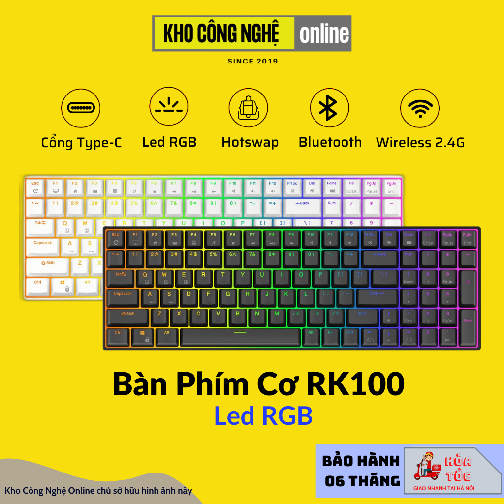 RK100 - Bàn phím cơ bluetooth không dây RK100 Led RGB có Hotswap (Bluetooth 5.0 / Wireless 2.4G / dây Type-c)