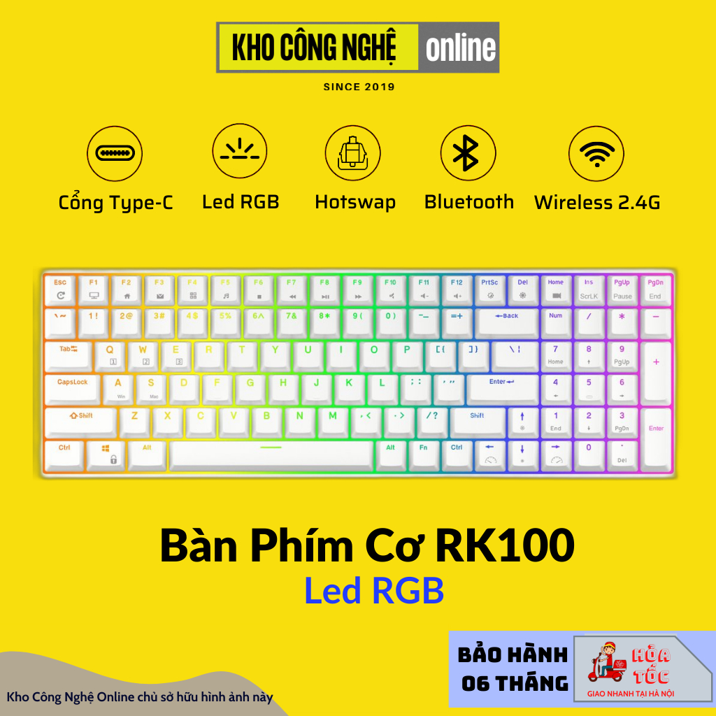 RK100 - Bàn phím cơ bluetooth không dây RK100 Led RGB có Hotswap (Bluetooth 5.0 / Wireless 2.4G / dây Type-c)