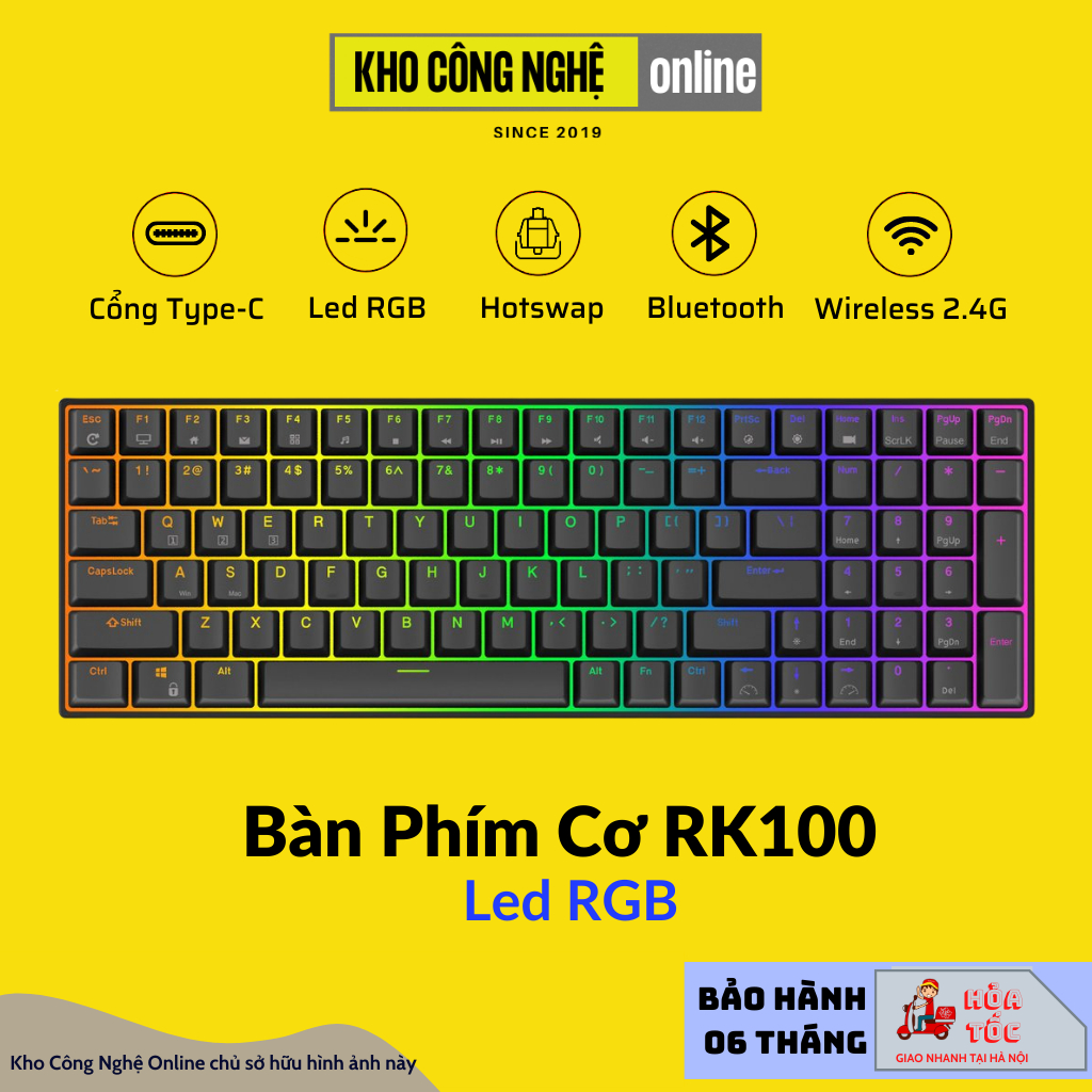 RK100 - Bàn phím cơ bluetooth không dây RK100 Led RGB có Hotswap (Bluetooth 5.0 / Wireless 2.4G / dây Type-c)