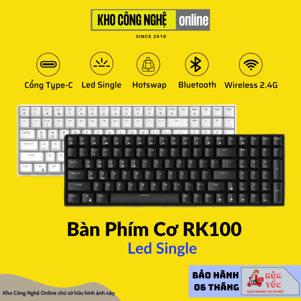 RK100 - Bàn phím cơ bluetooth không dây RK100 Led RGB có Hotswap (Bluetooth 5.0 / Wireless 2.4G / dây Type-c)