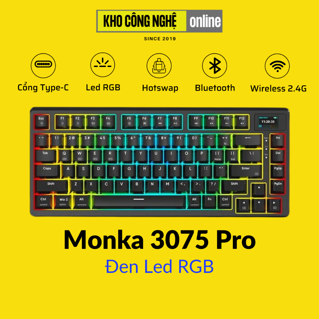 Monka 3075 V2 Pro - Bàn phím cơ Monka 3075 V2 Pro Mạch Xuôi (Led RGB, Kết Nối 3 Mode, Màn Hình LCD)