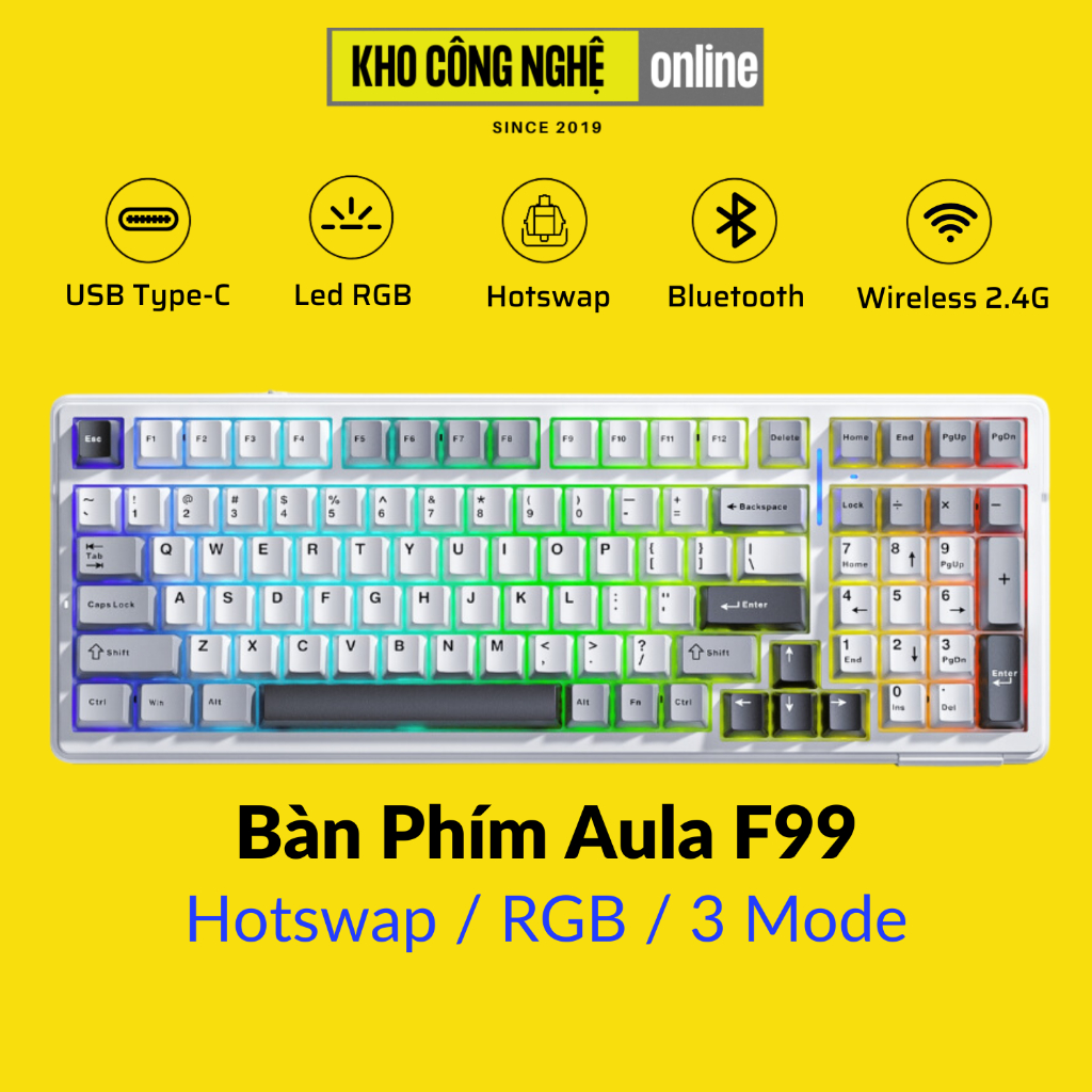 AULA F99 - Bàn Phím Cơ AULA F99 có Hotswap, Led RGB, Kết Nối 3 Mode