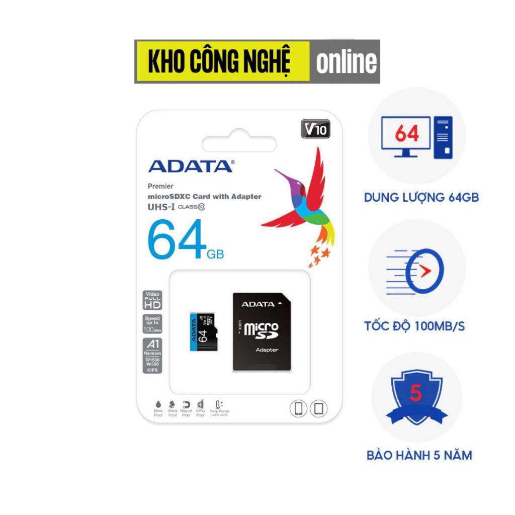 Thẻ nhớ Adata MicroSDHC dung lượng (32Gb/64Gb/128Gb) – Class 10, U1, V10, A1 - Có Adapter chuyển SD (Hàng Chính Hãng)
