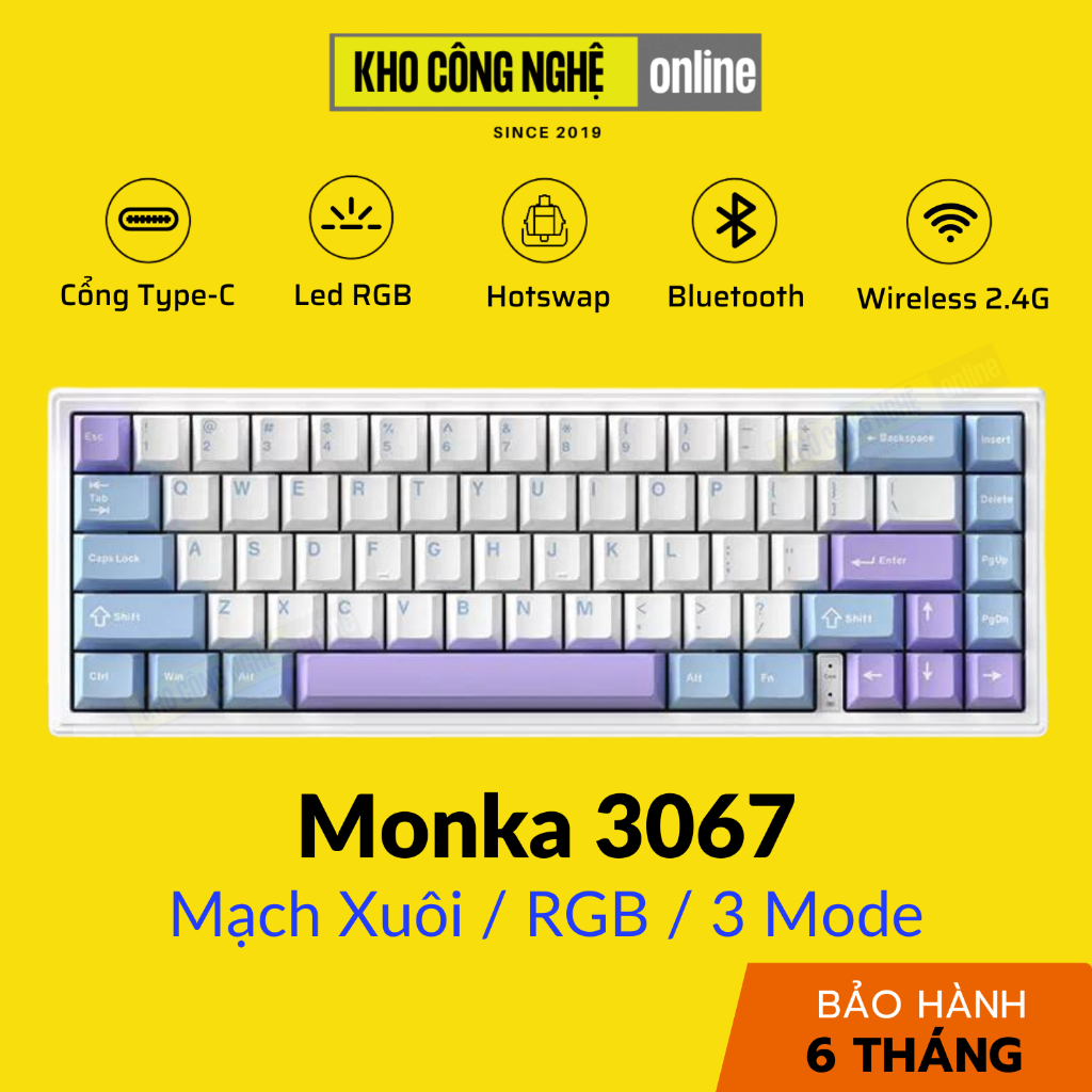 MONKA 3067 V2 Pro - Bàn phím cơ MONKA 3067 V2 Pro Không Dây, Mạch Xuôi, Led RGB, Kết Nối 3 Modes