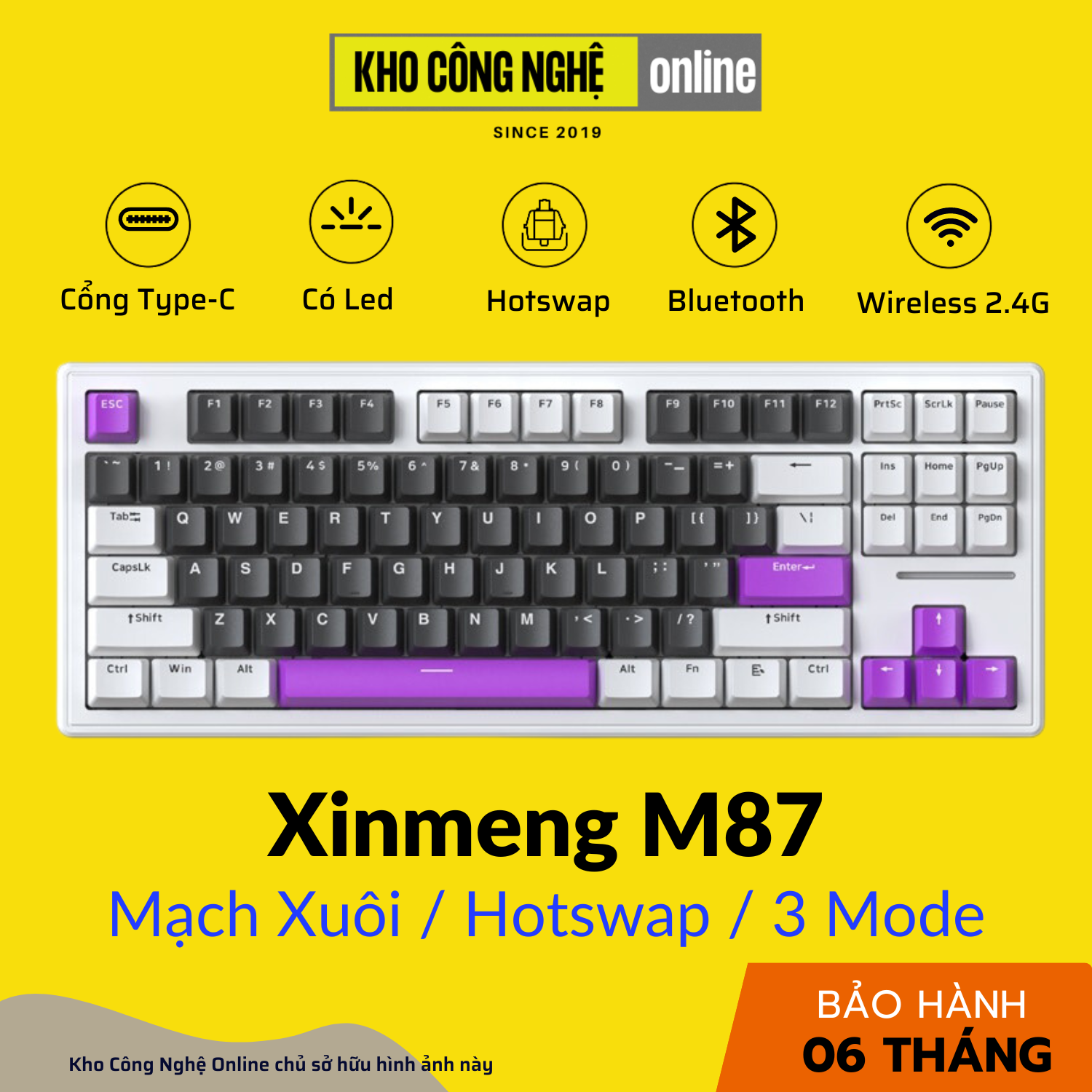 Bàn Phím Cơ Xinmeng M87 Không Dây, Mạch Xuôi, Kết Nối 3 Modes