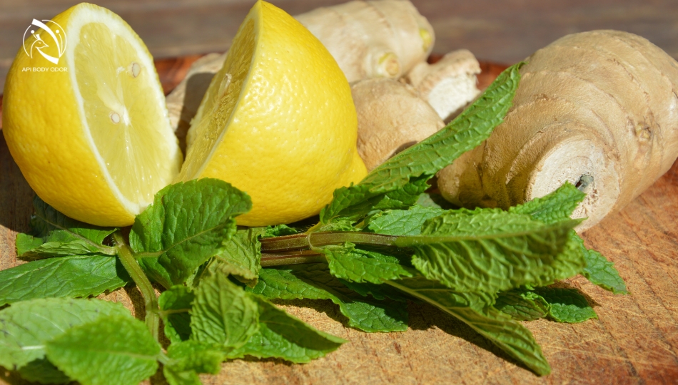 Mint leaves combined with fresh ginger root