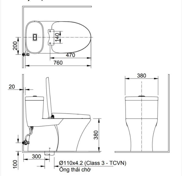 bản vẽ kĩ thuật bồn cầu 1 khối INAX AC-959VAN Aqua Ceramic