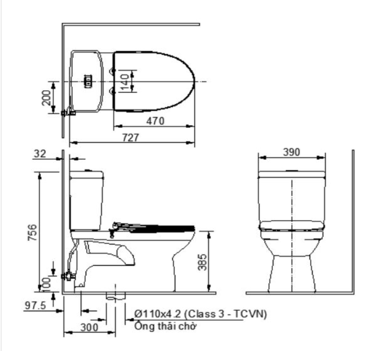 Bản vẽ kĩ thuật Bồn cầu 2 khối INAX C-504VAN-2