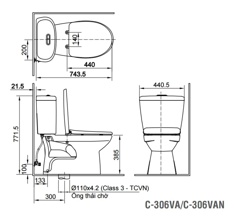 bản vẽ kĩ thuật Bồn cầu 2 khối INAX C-306VA xả nhấn nắp thường