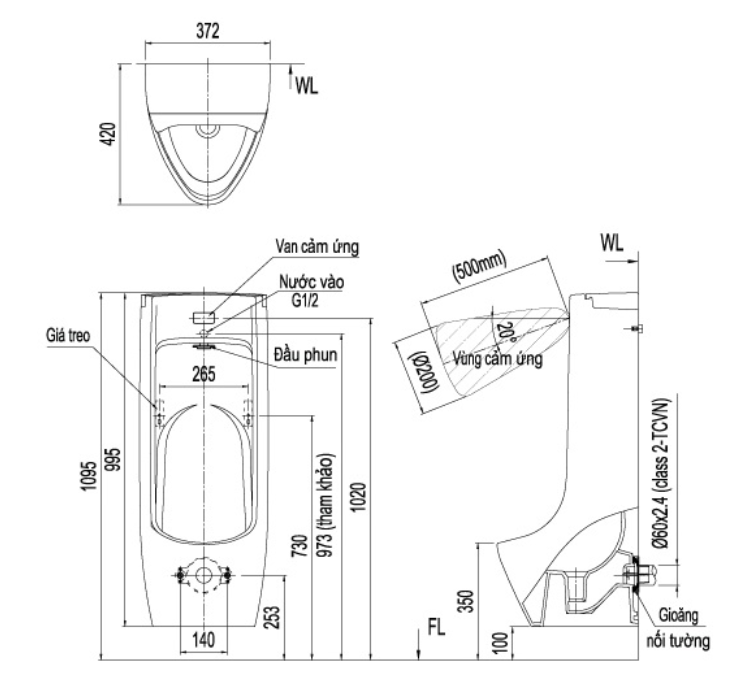 Bồn tiểu nam Inax ASU-500V treo tường cảm ứng AquaCeramic - ASU500V
